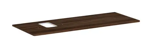 Wandkonsole in dunkler Holzoptik von Hansgrohe mit rechteckigem Ausschnitt auf der linken Seite, geeignet für einen Aufsatzwaschtisch.